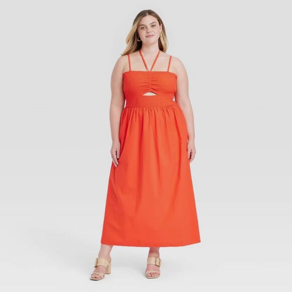 Smocked Cut-Out Maxi Dress Casual Sundress- Universal Thread Red Orange XL - Picture 1 of 5